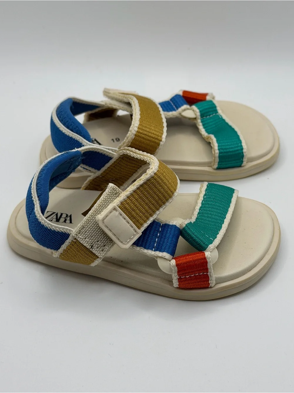 Zara Kids Colorblock Webbing Sandals in Blue, Green, Mustard, and Red